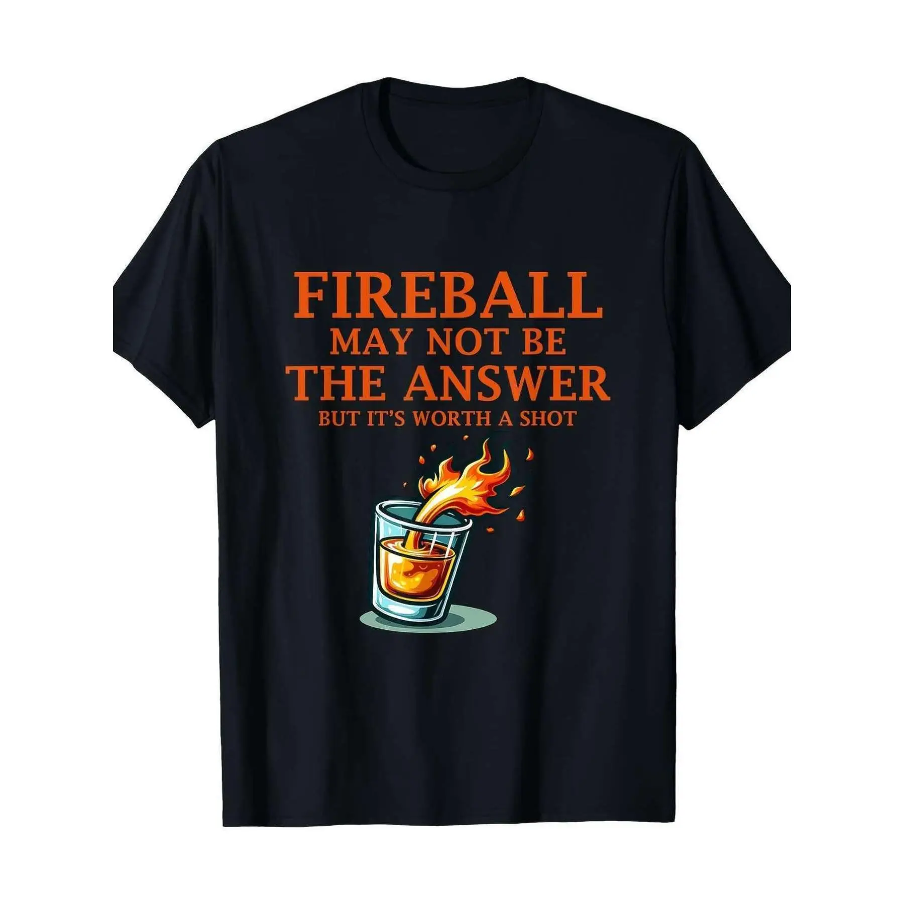 Men's Soft Natural  Short-Sleeve Graphic Top - "Fireball May Not Be The Answer" Print, Casual Menswear T-Shirt, Breathable, Machine Washable, Black with Orange Flame Design