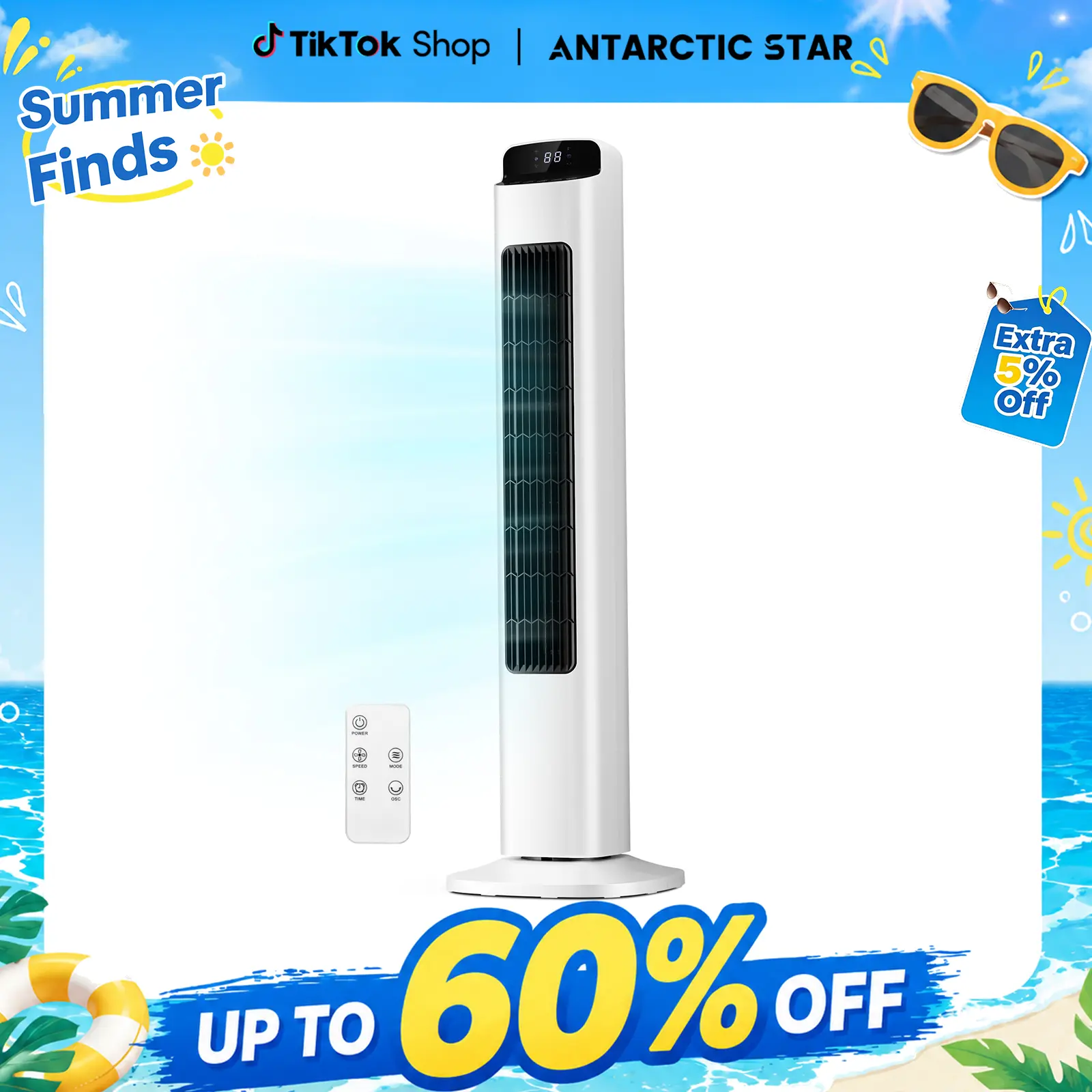 【Not Air Conditioner】Antarctic Star Portable Tower Fan - Adjustable Speeds Cooling Portable Fan with 80° Oscillating Bladeless Design, Remote Control, 5 Speeds, 3 Modes, Room Temperature Display, Low Noise for Bedroom, Living Room, Adjustable Speeds Fan