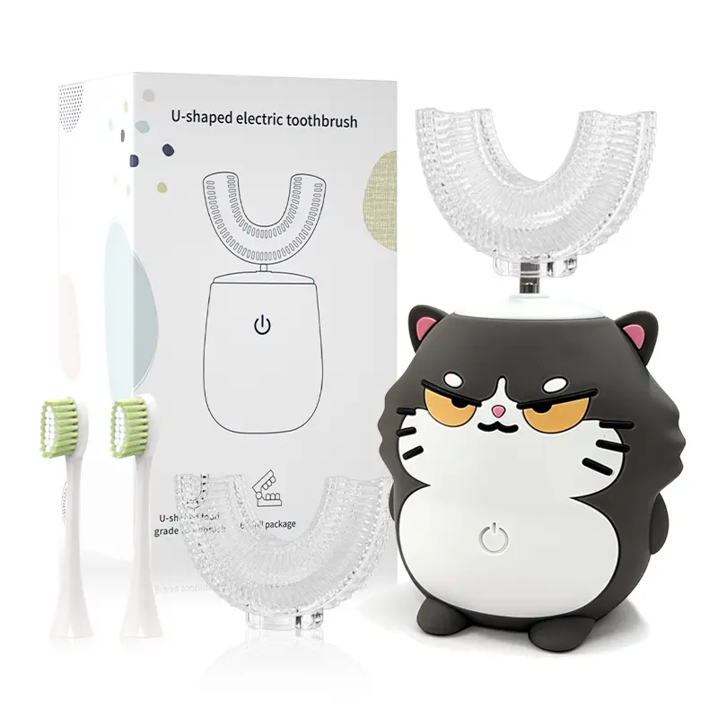 Kids Electric Toothbrush U Shaped - Cartoon cat with 4 Brush Heads Full Mouth Degree Cleaning Sonic Toddler Automatic Toothbrush with IPX7 Waterproof Cleansing