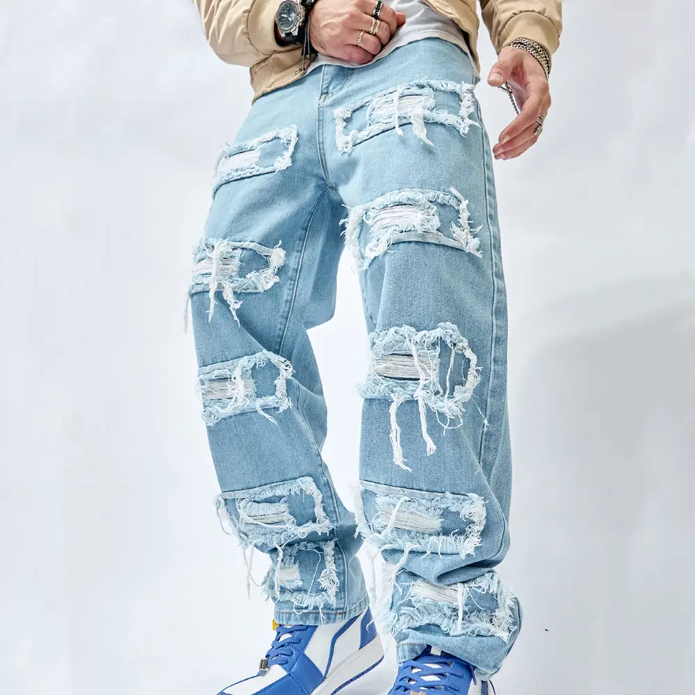 Wide-leg Men's Jeans Men Stylish Hip Hop Ripped Patch Loose Fit Jeans Pants Streetwear Male Casual Straight Denim Trousers Menswear Underwear Human Pocket solid Beige Plain Fathersdaygift Baggy baggy pants skinny jeans baggy jeans men