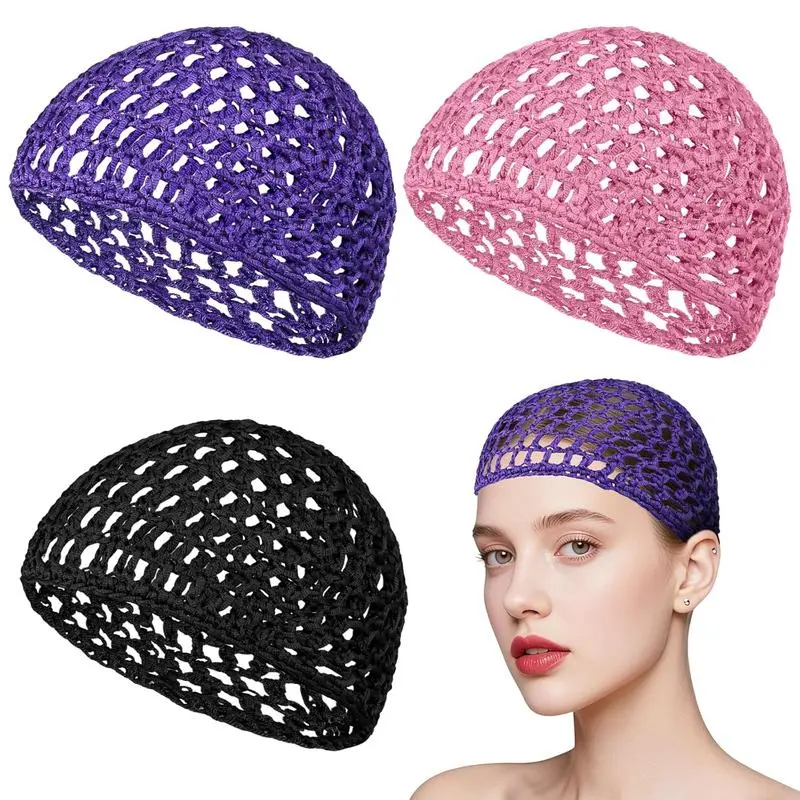 Humwam 3-Pack Crochet Mesh Shower Cap Set - Palm-Designed, Soft, Anti-Slipping, Breathable Reusable Bathroom Accessory, Mesh Hair Net for Shampoo Hair Coverage, Gift for Mothers