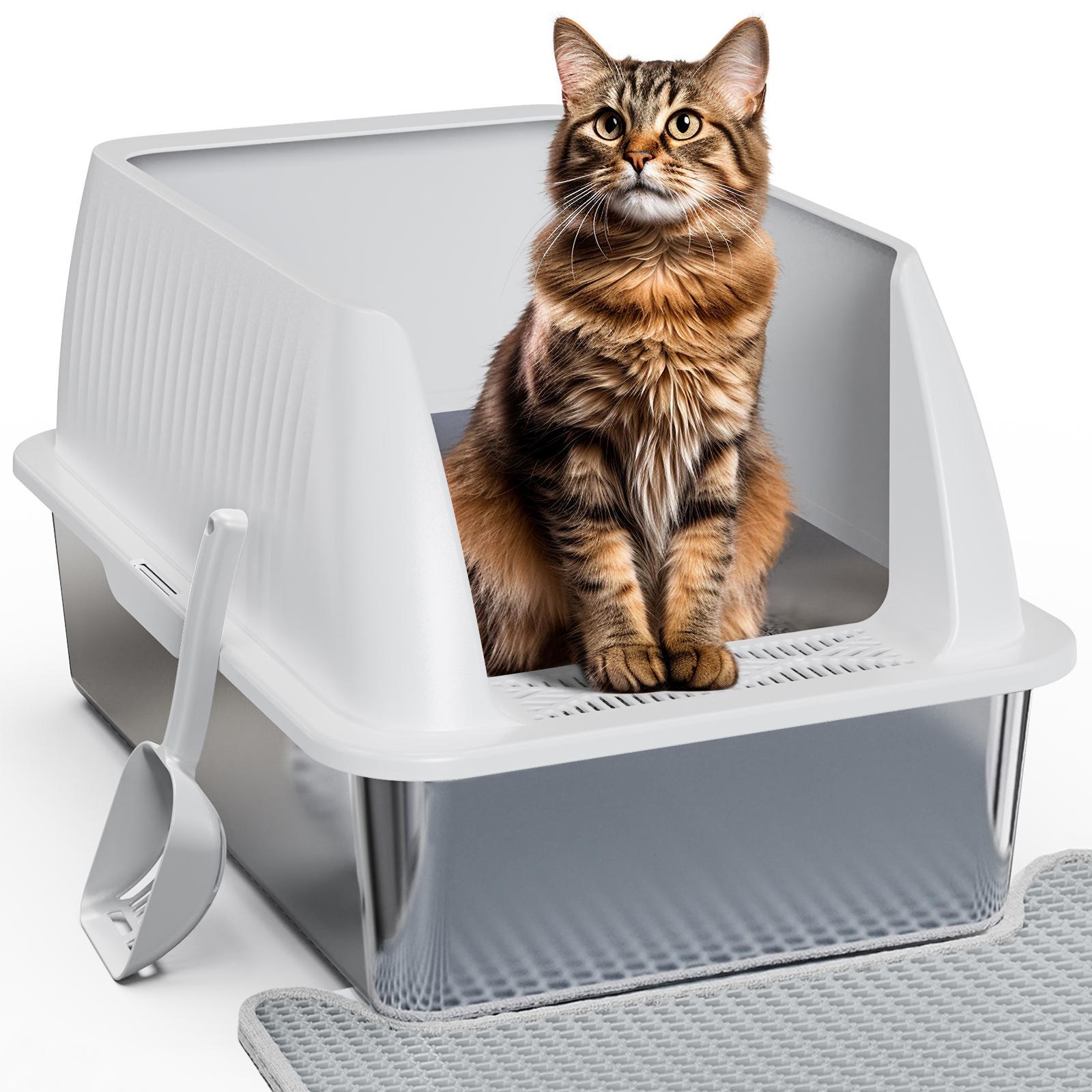 Petterm Stainless Steel Cat Litter Box with Scoop & Mat, Large Semi or Fully Enclosed Design, High-Side Enclosure, Non-S