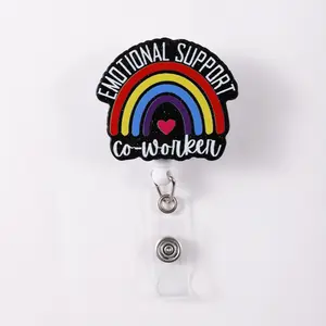 "emotional Support" Rainbow Heart Personalized Lanyard with Retractable Clip, Ideal for Office Use, Perfect Premium Decorative Badge Holder for Daily Wear, Removable Cardholder