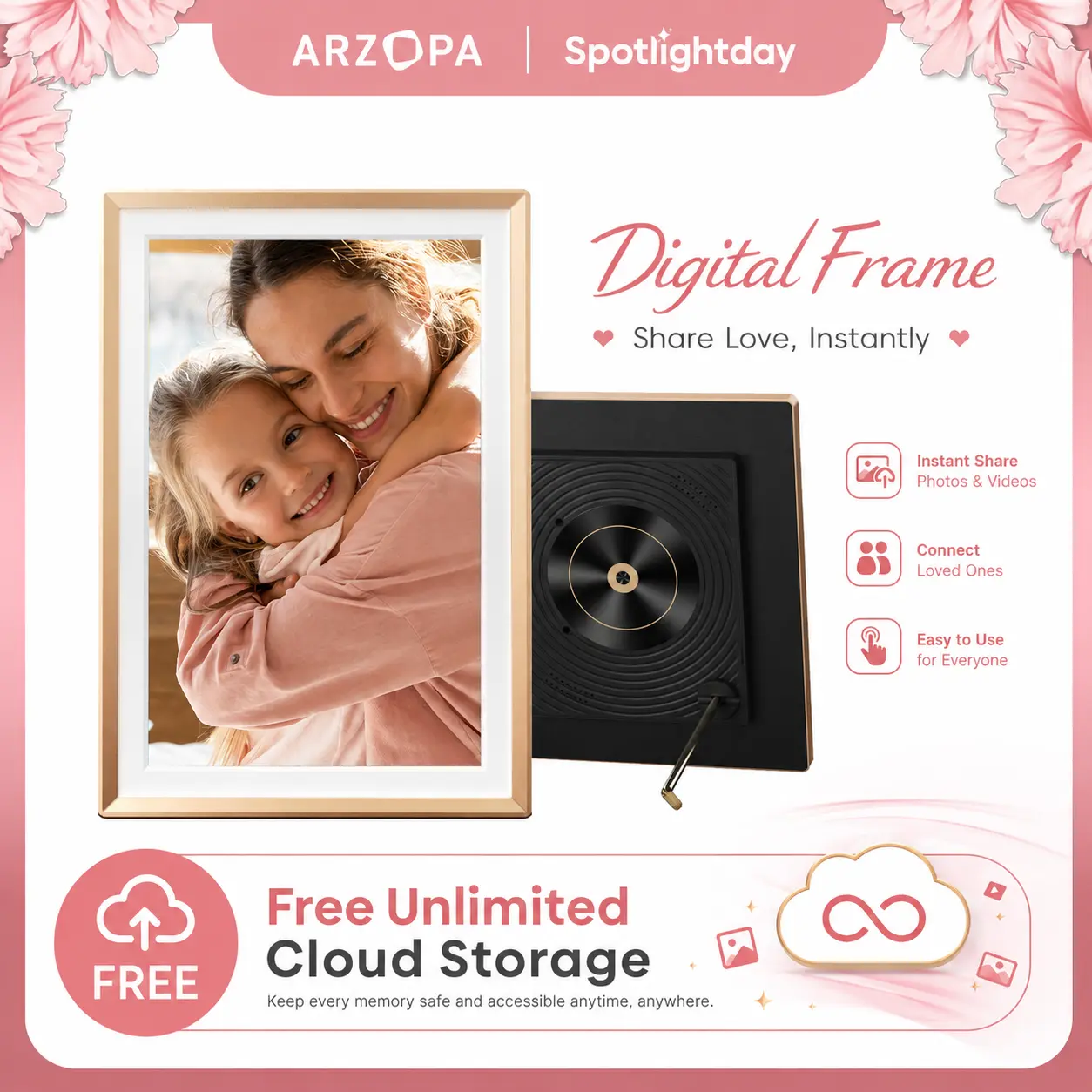 ARZOPA 14.0" Gold Digital Photo Frame Free Unlimited Cloud Storage Touch Screen Auto-Rotate 120s Video Slideshow for Family Friends Couples Nostalgic Memories Display Decor