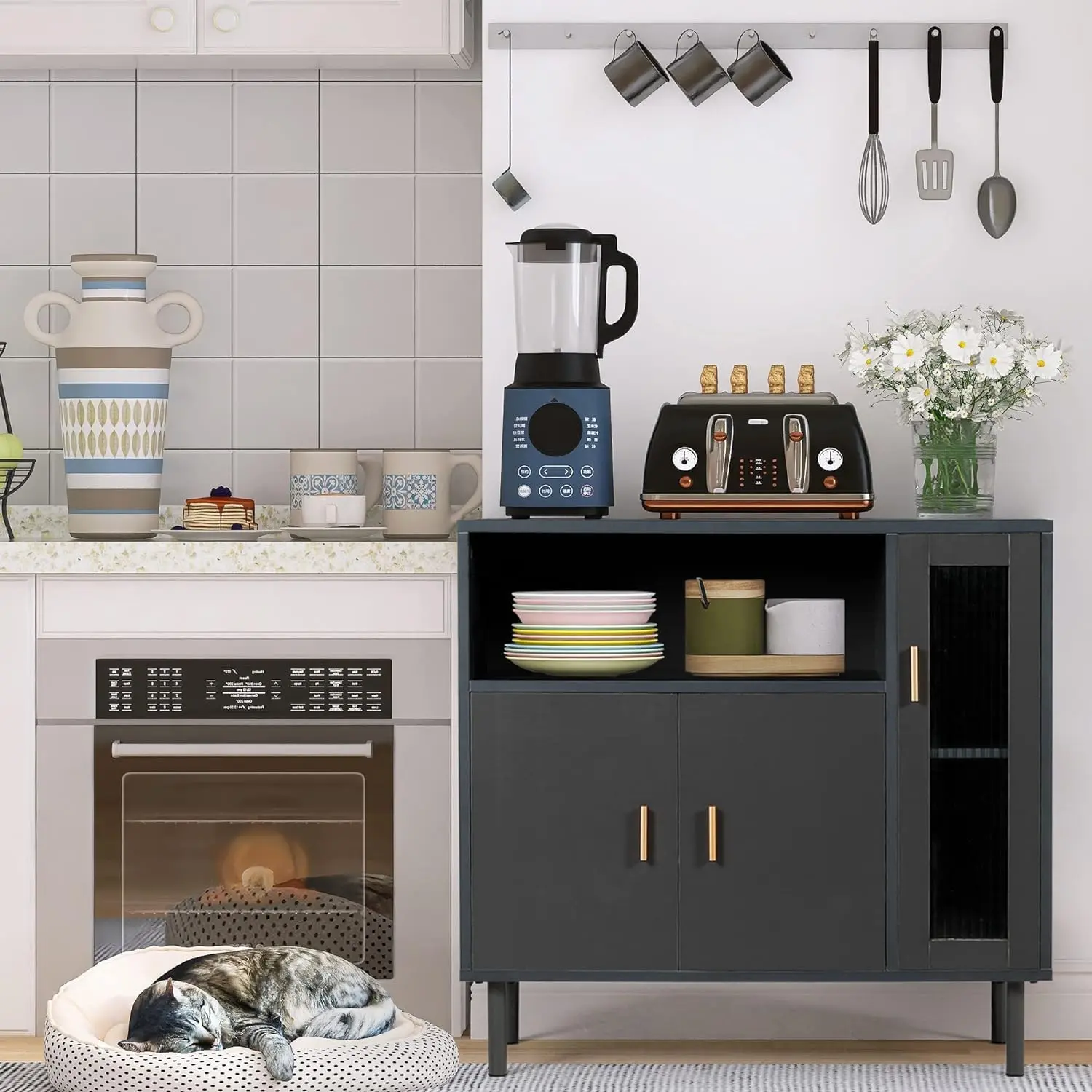 LAZZO Storage Cabinet Credenza Sideboard Buffet Cabinet with Glass Doors Free Standing Entry Coffee Bar Cabinet for Living Room, Hallway, Kitchen and Dining Room Grey