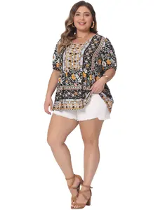 Agnes Orinda Plus Size Boho Top Women's Floral Print Vintage V Neck Short Sleeve Summer Peplum Loose Blouse
