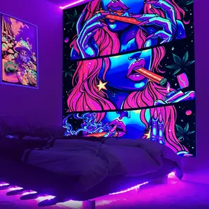 1 piece of UV luminous tapestry, wall blanket, suitable for black light reactive wall decoration - fluorescent luminous hanging cloth in the dark, peach skin fabric for home decoration, with UV activated luminescence under black light, vertical hippie psy