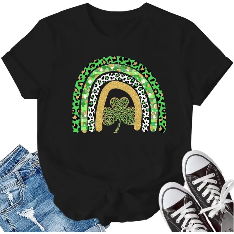 Lady's Cotton Short-Sleeve Round-Neck Graphic T-Shirt - Green Leopard, Rainbow & Shamrock Clover St. Patrick's Day Design - Soft Casual Streetwear Top for Spring Summer, Shortsleeve