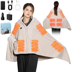 Cordless Heated Blanket with Hood, Rechargeable Wearable Battery Powered Heated Blanket, 9 Heating Zones, 3 Heat Levels, Portable Heated Throw Blanket for Camping, Gray