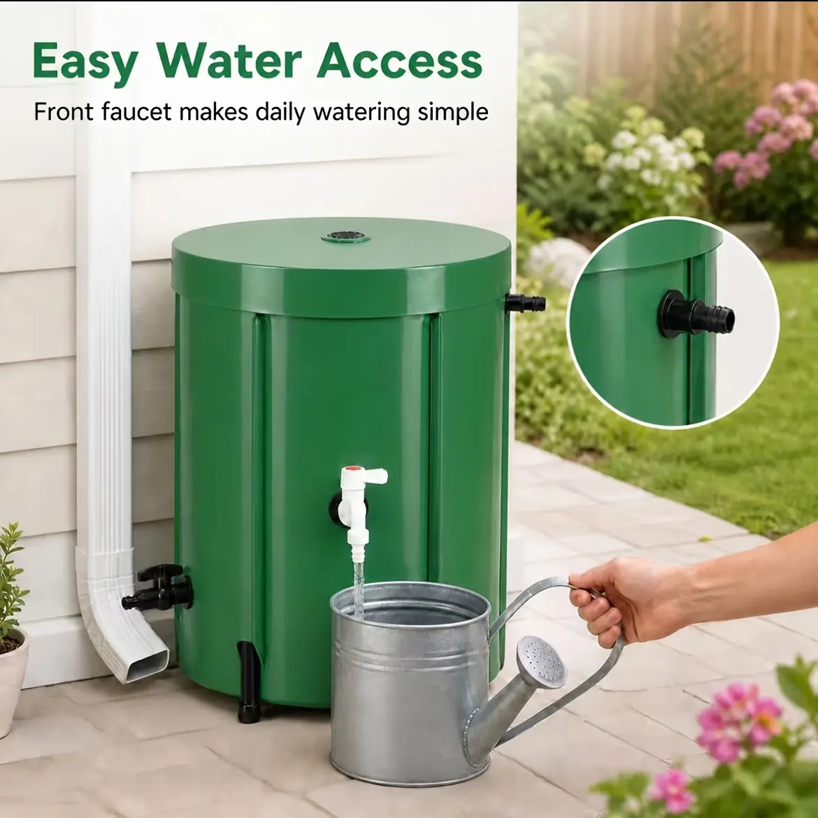 132-Gal Collapsible PVC Rain Barrel - Heavy-Duty Sturdy Base Water Storage Tank with Functional All-Seasons Portable Design, Dual Outlets, Adapter Plugs, Anti-Algae, Flow Control Accessories for Irrigation, Emergency Use