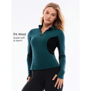 GLOWMODE Icebreaker Wool Blend Slim Fit Hip Length Color Contrast Panels Thumbholes Half Zip Pullover Jacket Autumn Winter Outdoors Daily Casual Wear