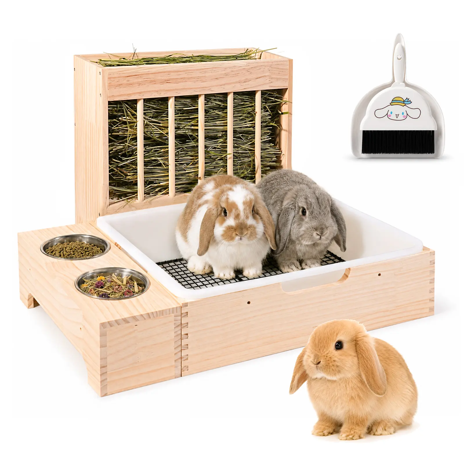 3-in-1 Wooden Rabbit Hay Feeder, Detachable Grate, Litter Box & Toilet, Feeding Supplies for Large-Medium Rabbits, Feeding Aid with Waste Control