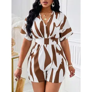 Plus Size Women Randomly Selected Allover Printed Batwing Sleeve Belted Romper