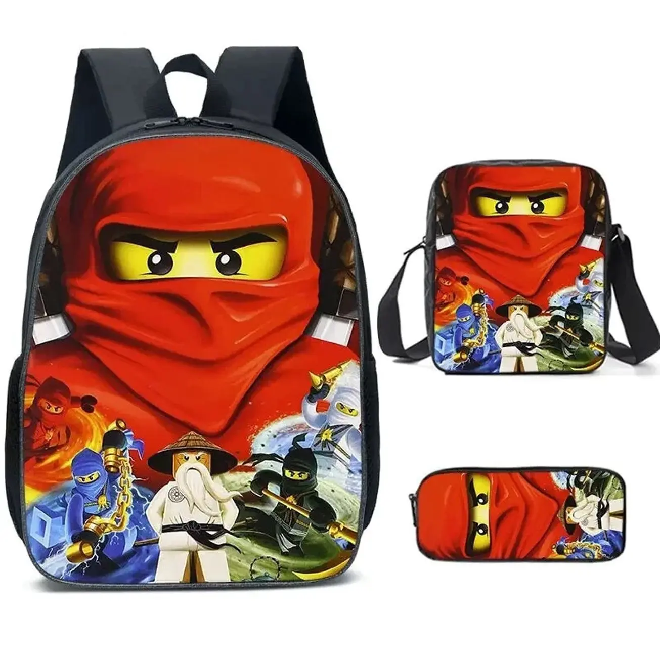 3 Pcs Cartoon Ninja Warrior School Backpack Set | Kids Bookbag Insulated Lunch Bag Pencil Case | Cool Gift for Boys & Girls