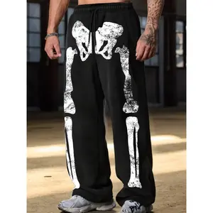 Trendy street-style drawstring sweatpants, fashionable skeleton print, comfortable fitted design, versatile everyday pants, sports casual pants