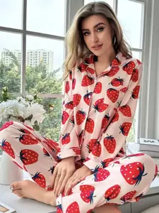 Two-Piece Strawberry Pajama Set for Women, Open Front Long Sleeve and Pants, Soft Satin Casual Home Wear, All Seasons