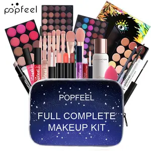 Popfeel Portable Makeup Set, Travel Cosmetic Kit with Multi-Color Eyeshadow Palette, Lipstick, Foundation, Brush Tools, Zipper Pouch Included, Makeup Gift Set, Base Makeup Set, Complete Makeup Set