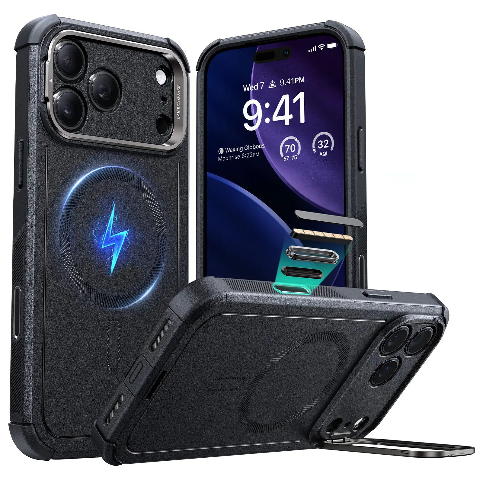 ESR Magnetic Cyber Series Protective Phone Casing Cover for iPhone 17/16/15, Polycarbonate Durable Protection, MagSafe Wireless Accessory with Stash Stand, Camera Control & 23FT Shockproof Shock Absorption