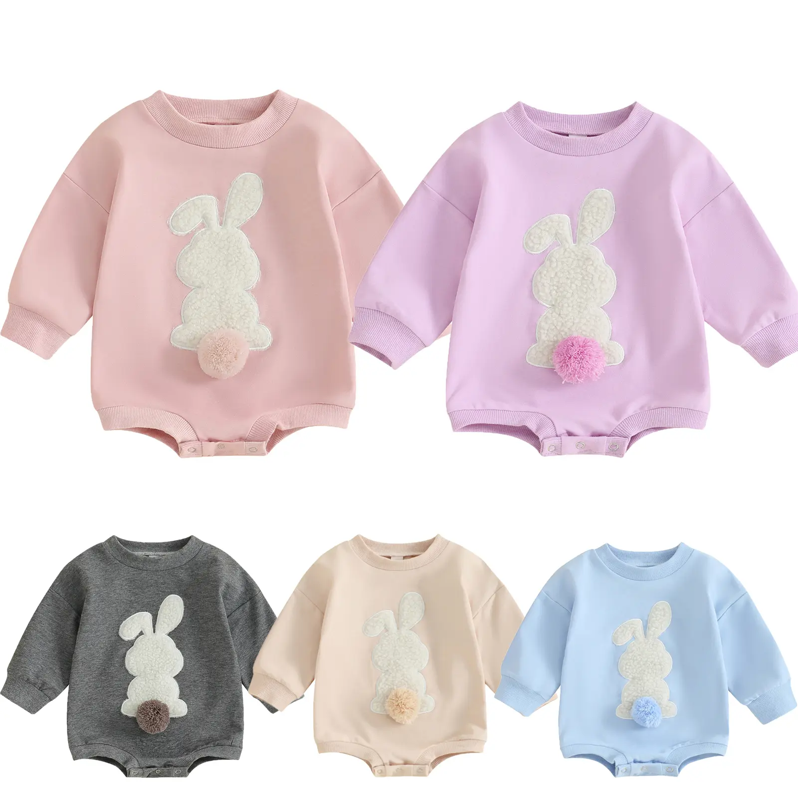 Baby Clothing Fuzzy Bunny Cotton Blend 1-Piece Suit, Casual Oversized Long Sleeve Bubble Romper Bodysuit with Pom Pom & Bunny Tail for Newborn Infants (Easter Outfits), One-Piece Suit