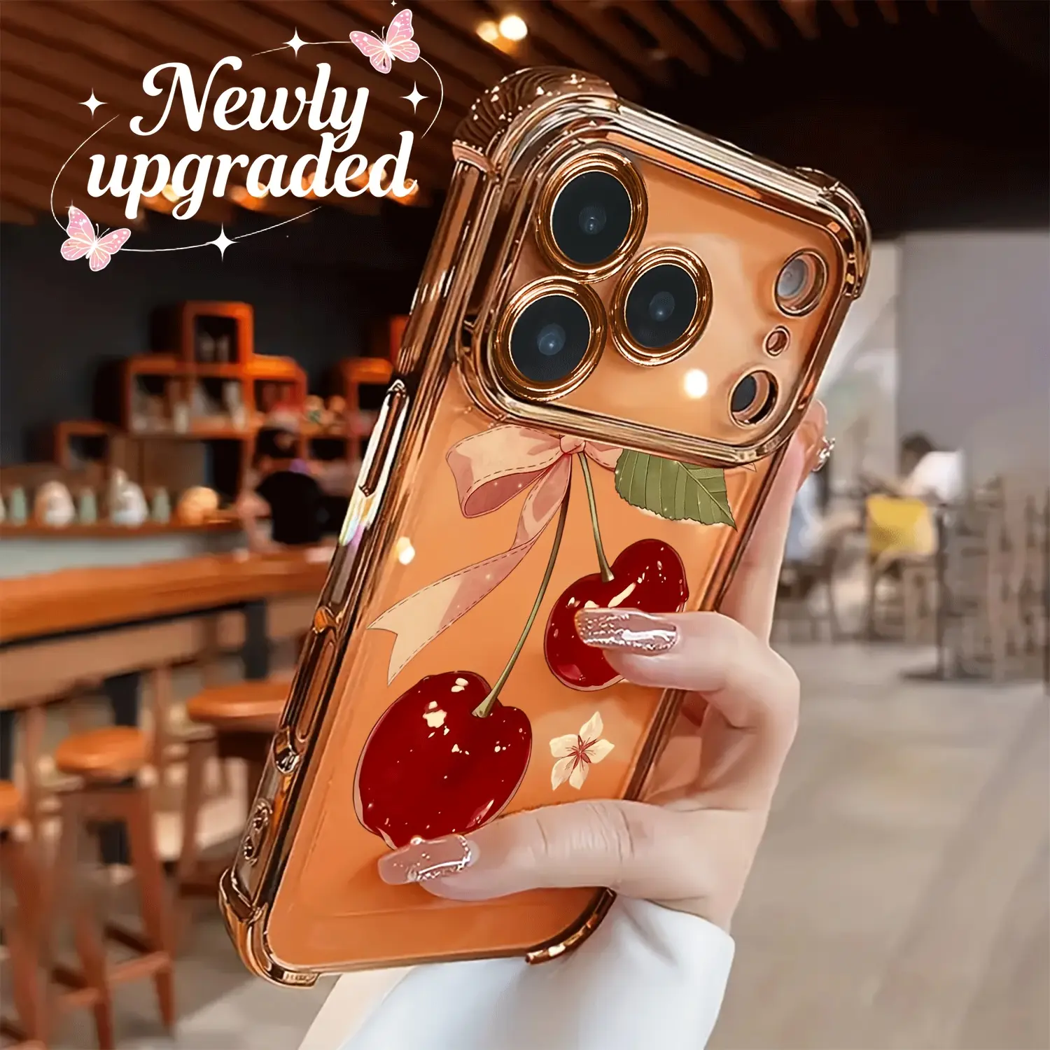 Transparent Plated Dual-Layer TPU-Polycarbonate Smartphone Case, Trendy Designer-Style Durable Shockproof Soft Full-Cover Protection Accessory with Cherry Floral Bow Pattern, Raised Bezels for iPhone 11 12 13 14 15 16 17 Pro Max Air Plus
