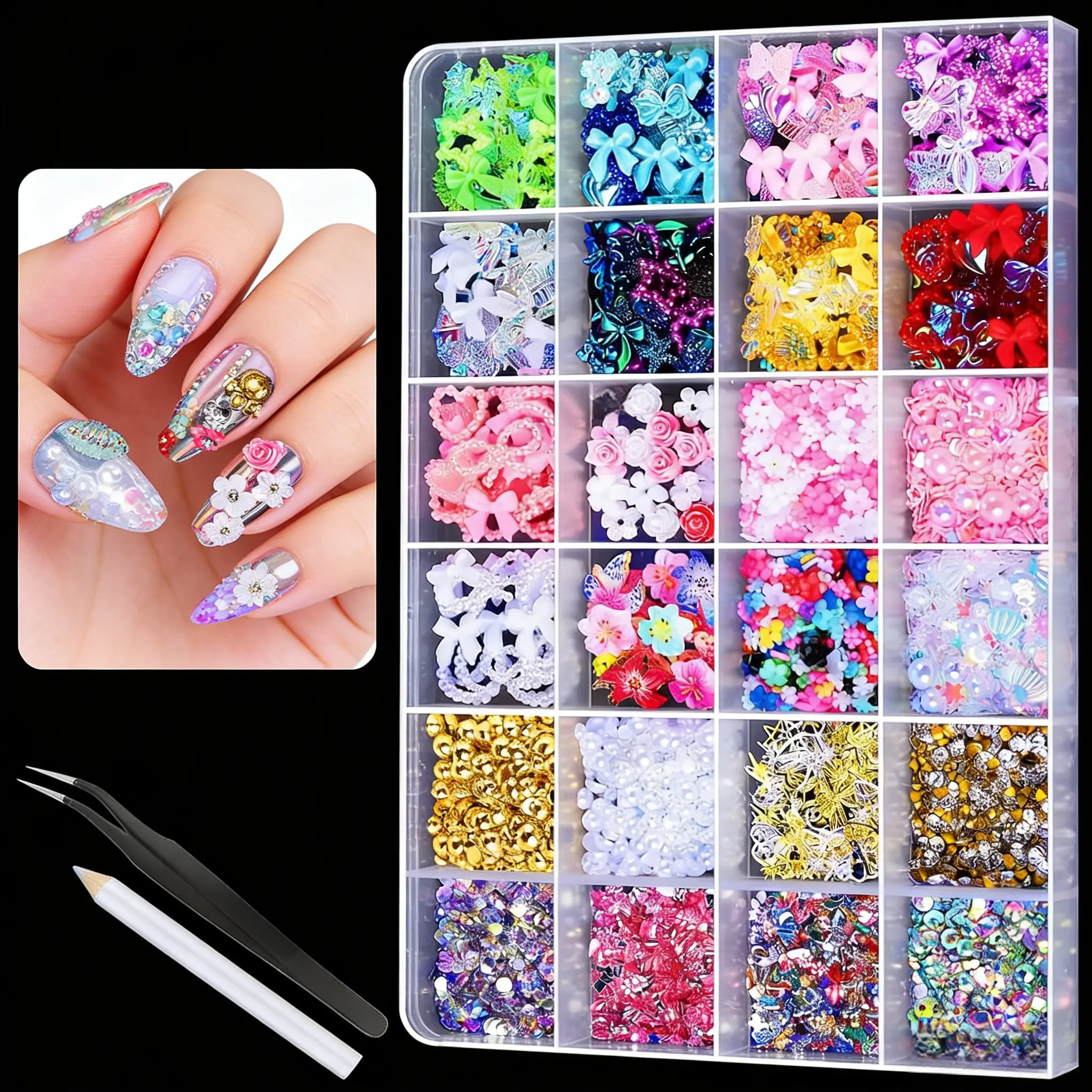 24-piece net-style nail decoration sets, including various shapes of Flat Backed AB-type nails, golden pearls, and 3D Halyana flower ornaments from the 2000s style. Suitable for creating fashionable nail art and DIY handmade decoration sets., Sparkly Rhin