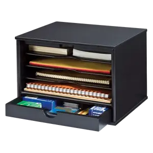 VICTOR® Solid Wood Desktop Organizer - 4-Shelf Storage Unit with Large Drawer & Sliding Door, Desk Tidy for Office Stationery Supplies, Table & Work Desk Setup Accessories