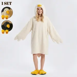 Oversized Goose Wearable Blanket Hoodie, Super Soft Cozy Flannel Fleece Onesie Pajama Set, Warm Plush Loungewear with Free Slippers