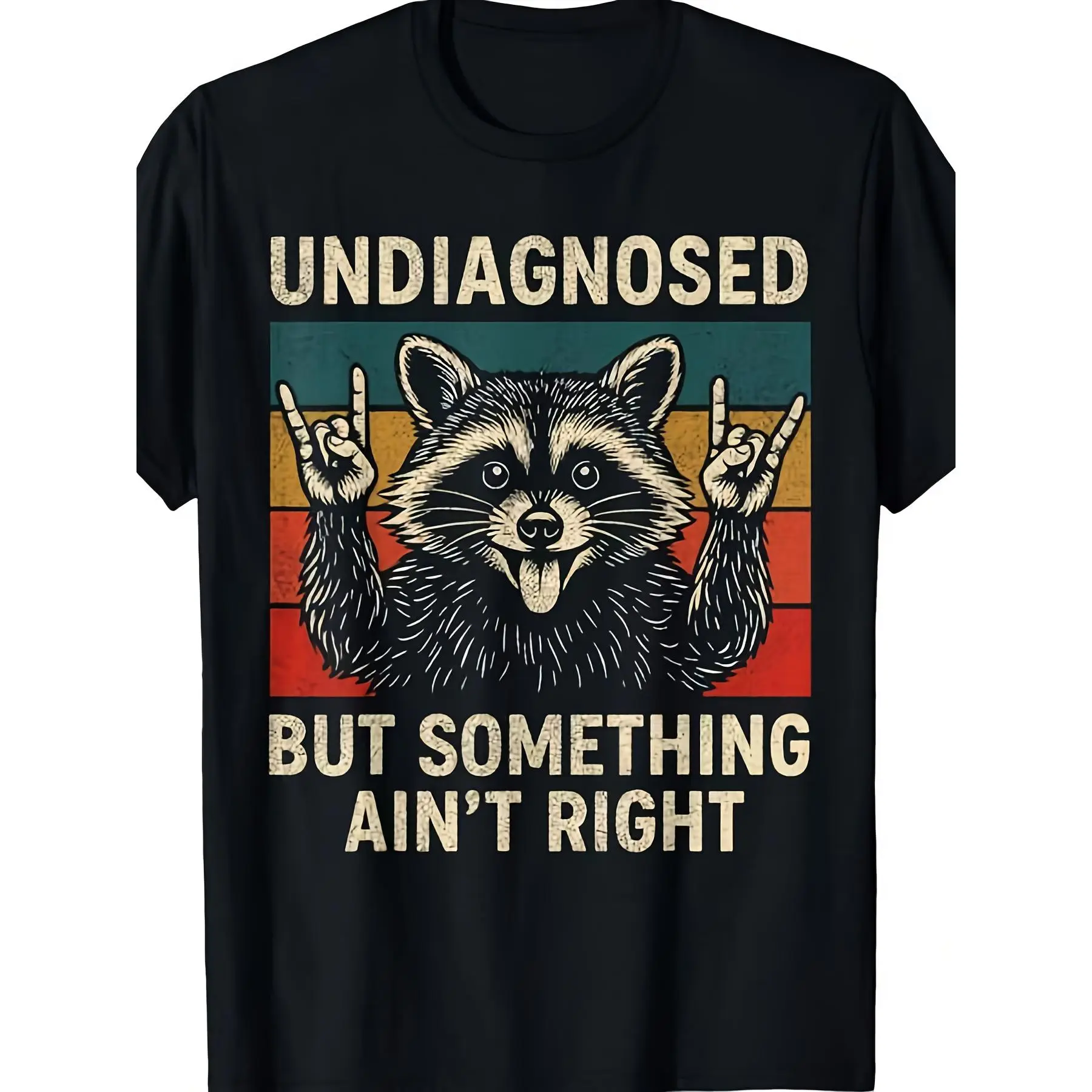 Men's 100% Cotton Graphic T-Shirt with Humorous 'Not Diagnosed' Raccoon Print, Retro Casual Short Sleeve Streetwear Top, Shortsleeve, Fabric, Menswear, Round Neck, Four Seasons
