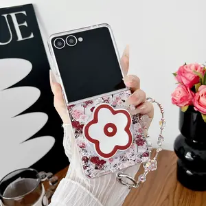 Transparent Floral Protective Phone Case for Samsung Galaxy Zflip7 Zflip6 Zflip5 Z FLIP3 4, Stylish Women's Cover with Lanyard & Stand, Portable Design, Flower