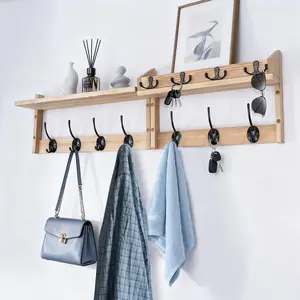 Wall-Mounted Key Holder for Wall Decorative Key and Mail Holder with Large Hooks for Bags Coats Key Hangers for Living Room Kitchen Office Black/Wood - Hanging