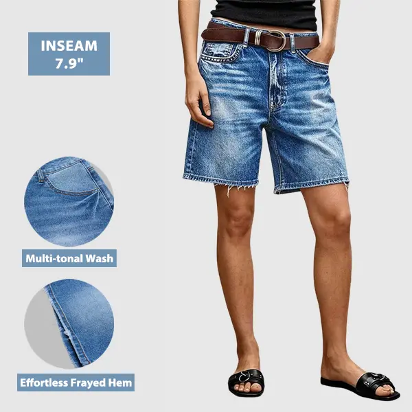Flamingals Wash Raw Hem Mid Waist Denim Mid Thigh Shorts Without Belt Womenswear Stretchy 7.9" Inseam