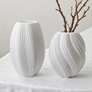 10.6in Sculpture Vase + 7.9in Wave Vase Set - Vertical Rib & Twist Texture, Lightweight Shatterproof Home Decorative Vase for Lily/Tulip, Entryway Desk Decor Gift