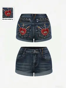 Women's Summer Embroidered Denim Shorts, Slim Fit Elastic Waist Design, Punk Style Rivet Chain Embellishment Embroidery, Dark Gothic Rebel Stitching