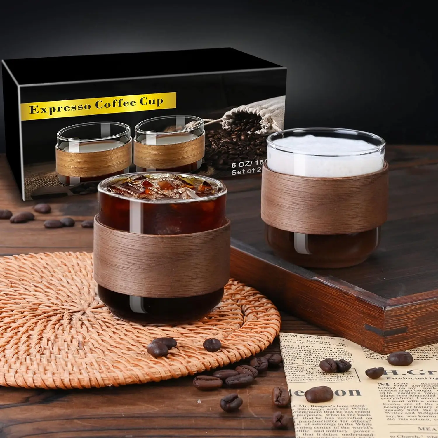 Espresso Cups Set of 2 with Wooden Ring, 5 OZ High Borosilicate Espresso Shot Glass, Clear Small Expresso Shots Cup, Espresso Accessories