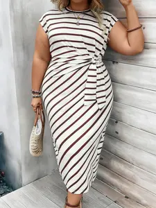 Plus Size Women's Striped Dress, Casual Woven Fabric, Soft, Plain Pattern, Fall & Winter Fashion, Moderate Thick, Fitted Style, Womenswear