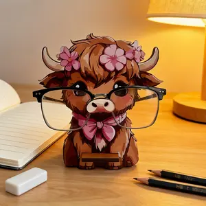 1 piece of cute highland bull eye glasses frame - wooden glasses display frame with pink floral decoration, cute animal design, black glasses frame, suitable for home and office decoration, eye storage for desks and workstations, fun home decoration
