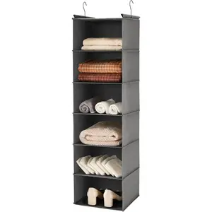 6 Tier Shelf Hanging Closet Organizer, Closet Hanging Shelf with 2 Sturdy Hooks for Storage, Foldable (Grey)