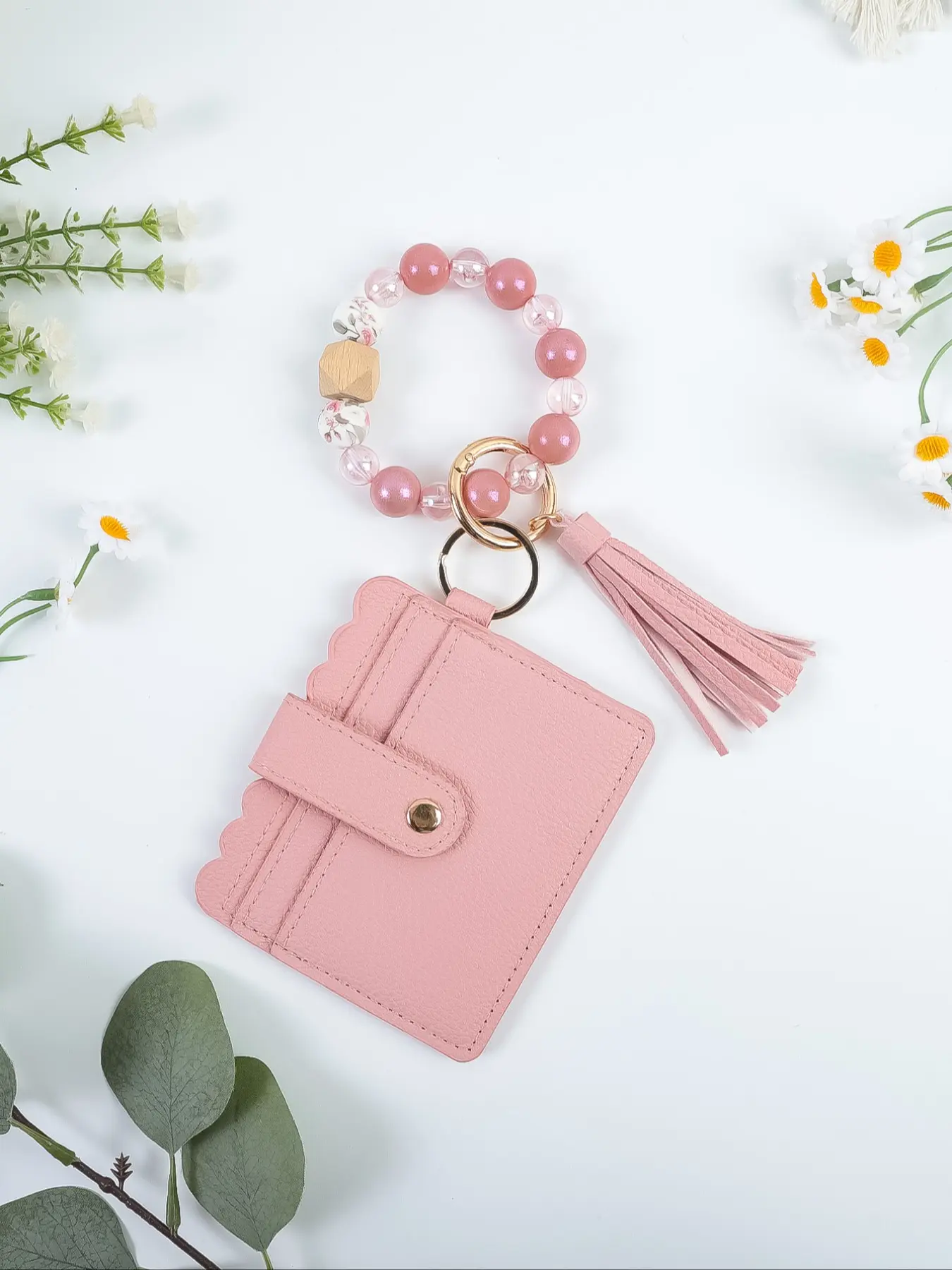Morandi Color Card Holder Keychain, Card Slot, Card Organizer, Beaded Charm, Wallet Keychain for Women, Convenient Key Attachment, Practical for Daily Use, Gift Idea