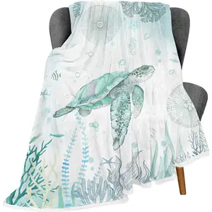 Sea Turtle Throw Blankets,Blue Teal Ocean Beach Nautical Coastal Fish Beachy Flannel Warm Soft Cozy Fluffy Bed Couch Blanket,White Flannel Throws to Decorate The Room and Bedroom