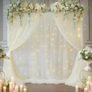 5ft x 10ft 2 Panels Backdrop Curtain with Lights String for Parties, Sheer Tulle Wedding Photo Backdrops Drapes for Baby Shower Birthday Party Decorations Background for Photography