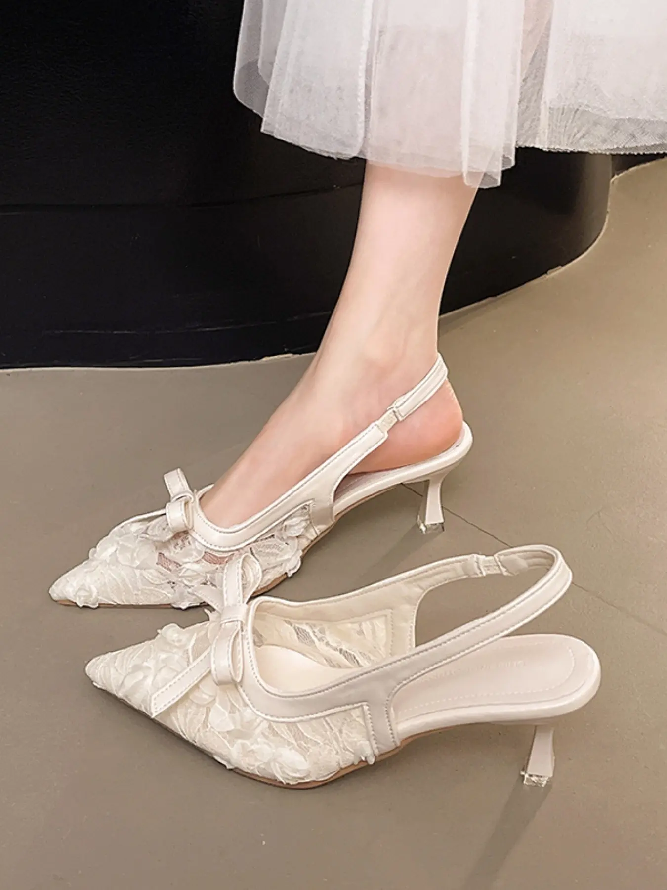 Satin and tulle pointed-toe stiletto wedding Sandal heels Rubber, elegant and slimming for dates and daily wear Women Footwear