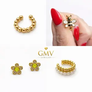 GMV Jewelry Ear-cuff Collection 18k Gold Plated - Gold Beaded & Flower Studs with Bee Charm - Elegant Ear Cuff for Women