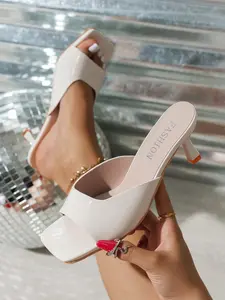 Women's PU Leather Square Toe High Heel Trendy Sandals, Fashionable Plain Design, Comfortable Office Wear Shoes