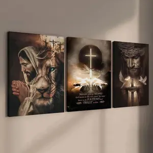 3-count wooden frame canvas, retro-textured Bible scripture poster, Religious Cross Print, Jesus figure decoration, the light of faith, perfect living room and bedroom decoration, fashionable modern family poster, corridor wall art, waterproof, art