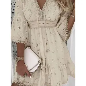 Elegant women White mini dress summer V-neck patchwork lace up three quarter sleeve ladies vacation beach drescasual womenwear elegant formal white dress