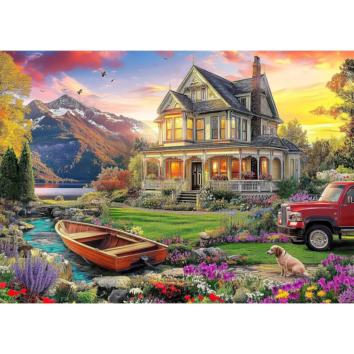 1000-Piece Autumn Landscape Interlocking Puzzle Kit, 28x20in Villa & Dog Pattern - Beginner-Advanced Challenge Game for Adults, Thanksgiving/Graduations Gift for Lovers with Included Mesh Bag