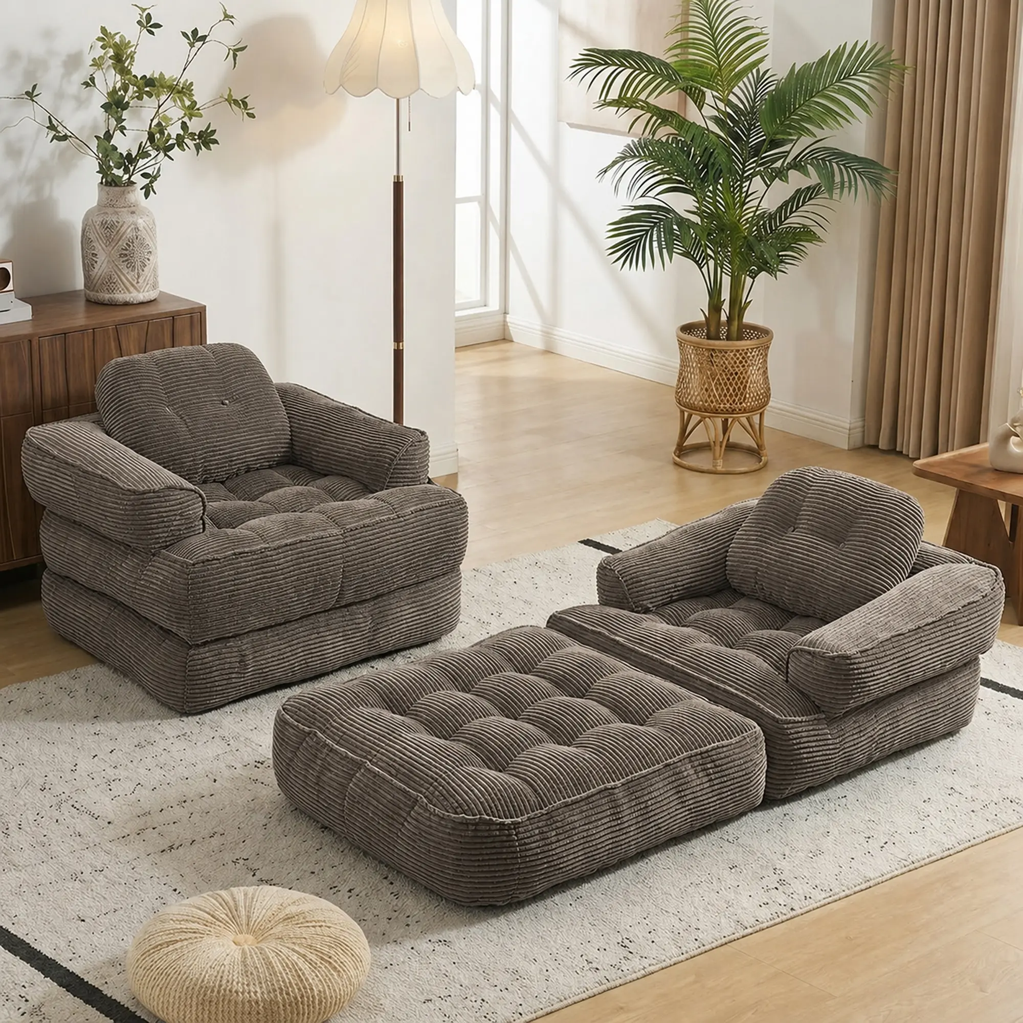 66.9-Inch Corduroy Convertible Sofa Bed - 2-in-1 Portable Foldable Bed with Armrest & Pillows, Coffee Color, for Bedroom & Living Room