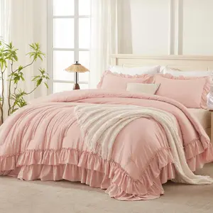 Blush Queen Comforter Set(90x90Inch), 3 Pieces Lightweight Soft Ruffle Bedding Comforter Sets for Queen Bed, Farmhouse Shabby Chic Fluffy Soft Polyester Bed Set for All Season