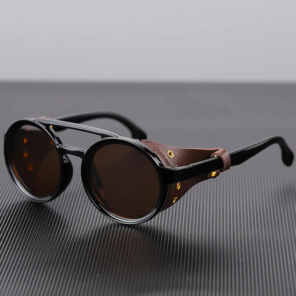 KEITHION Glacier Windproof Round Vintage Statement Frame Glasses - Steampunk Alternative Style Men's Sunglasses, Anti-Ultraviolet Sun Protection, Leather Side Goggles for Cycling, Without Battery Filter, Cycling Riding Biking Moto Glasses, Eyewear Fashion