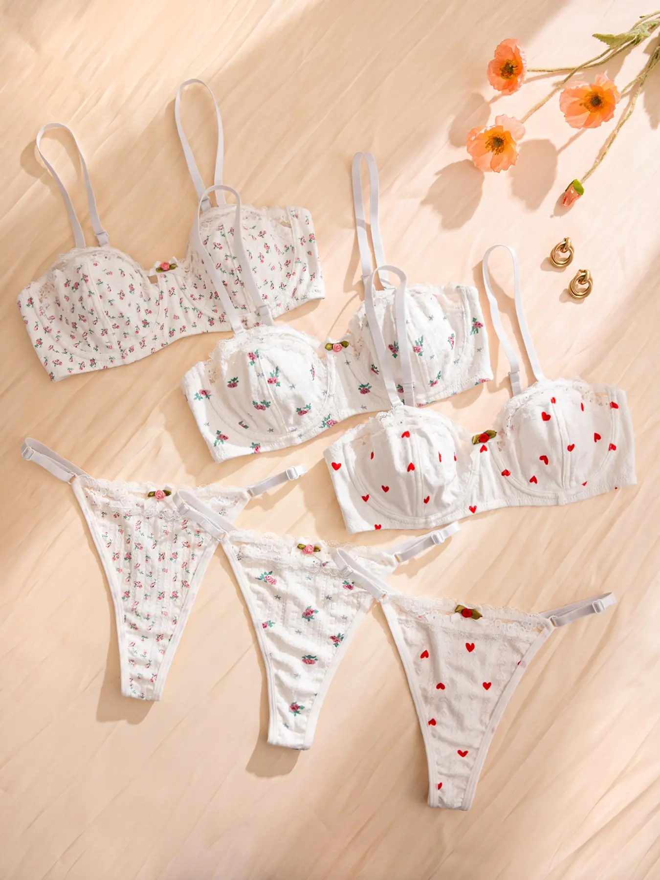 3-Piece Women's Underwire Bra Set, Lace Trim Ditsy Floral Print, Medium Support, Detachable Straps, Cute Lingerie for All Seasons